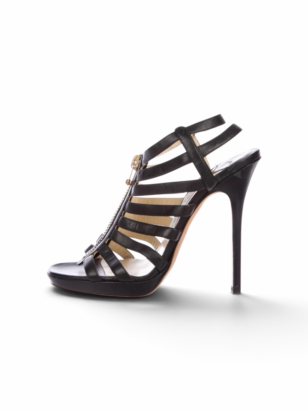 JIMMY CHOO Glenys Black Leather Cage Gladiator Heels Gold Zip - Picture 2 of 8